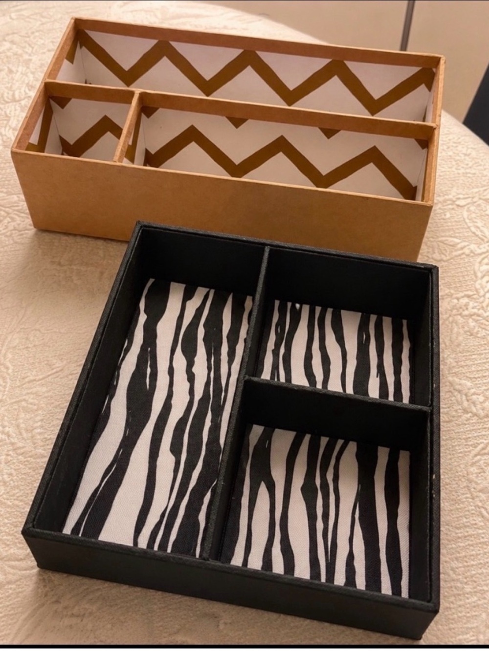 Two Zebra Print Fabric Drawer Organizer & Chevron makeup Organizer.